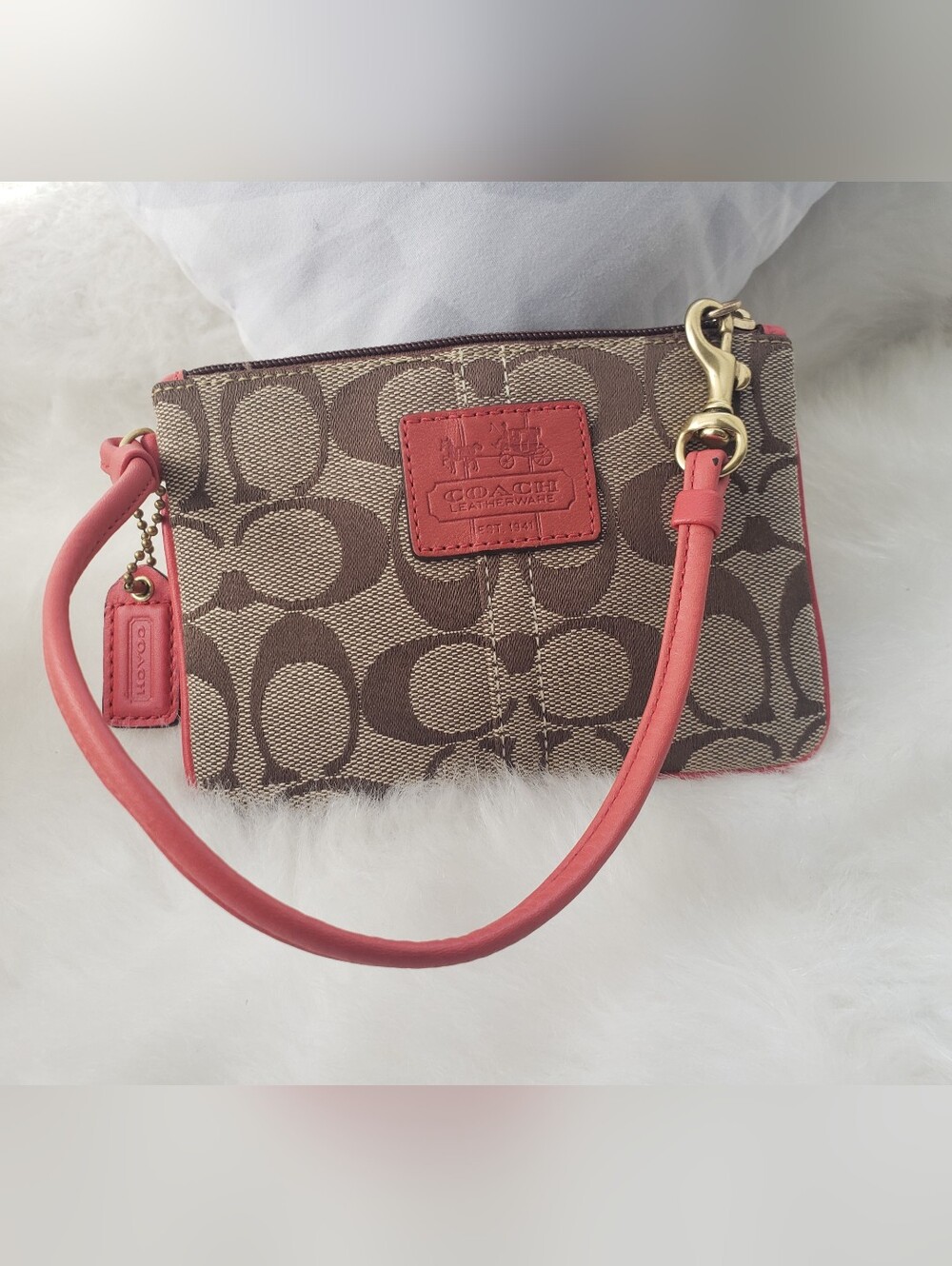 Vintage Coach Monogram Wristlet Salmon Coral Pink-Tartan Plaid Lining Y2K